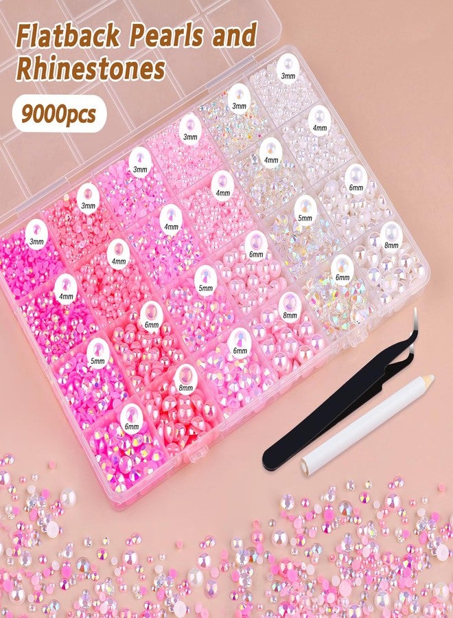 TINKRSTUFF 9000PCS Flatback Pearls and Pink Rhinestones for Bedazzling Kit, Pink White Mixed Size 3-8mm Resin Rhinestones and Half Pearls Gems for Crafting, Nail Art and Grad Cap Decoration - Image 3
